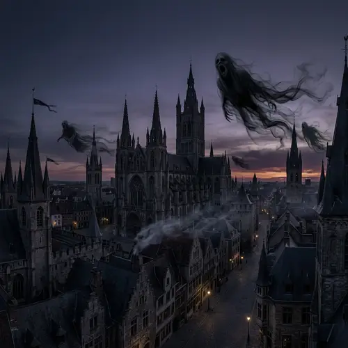 Mystical Gothic City Twilight Scene with Ethereal Figures