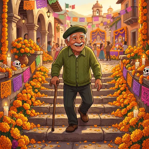 Happy Grandfather Walking Downstairs with Flowers