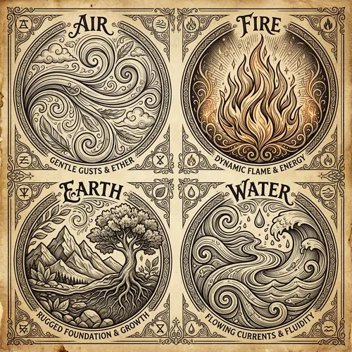 Intricate Set of Elemental Symbols: Air, Fire, Earth, Water