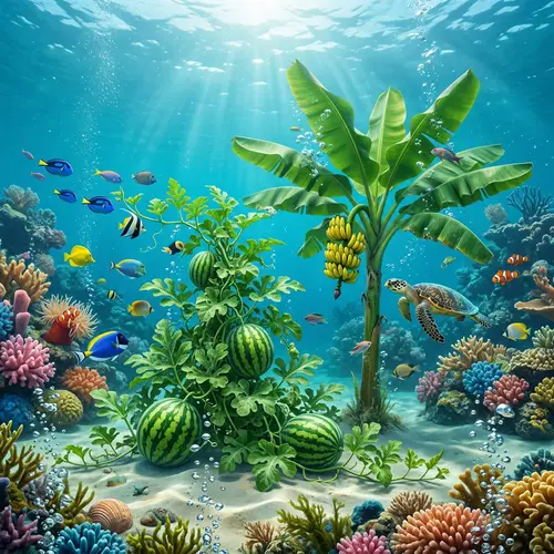 Underwater Watermelon and Banana Tree Scene | Coral Reef & Colorful Fish