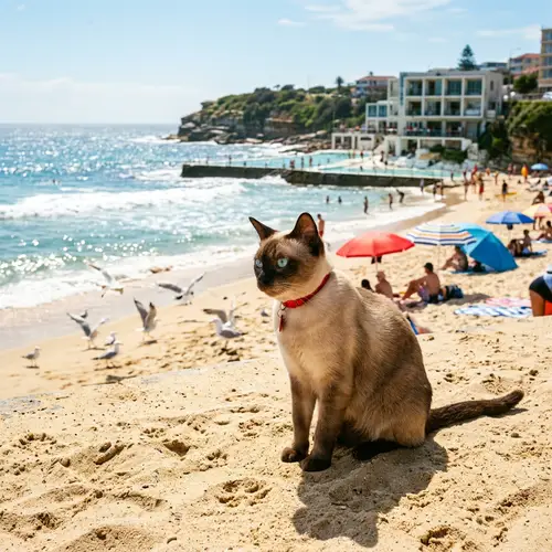 Tonkinese Cat Relaxing on Bondi Beach with Aqua-Blue Eyes