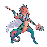 Coral seahorse knight sprite animation in clean pixel art style showing idle, walk, attack, and cast actions