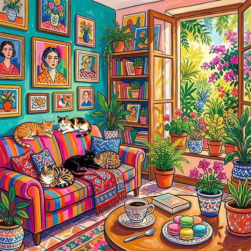 Matisse Style Illustration with Cats and Plants