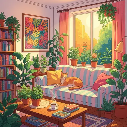 Matisse Style Illustration with Cats and Plants