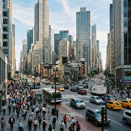 Vibrant Cityscape with High-Rise Buildings and Bustling Streets