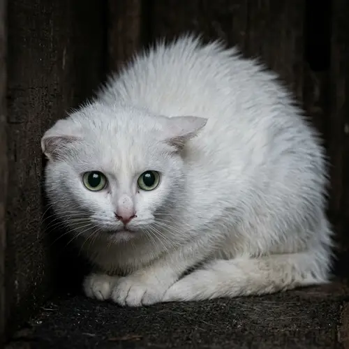 Scared White Domestic Feline with Heart-Shaped Face
