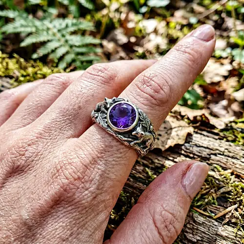Silver Ring with Round Amethyst and Creeping Foxes