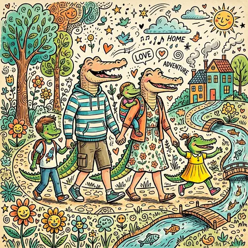 Doodle Art: Crocodile Family with Human Bodies