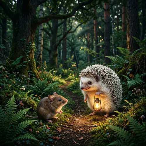 Chubby Mouse Lost in Woodland Guided by Wise Hedgehog
