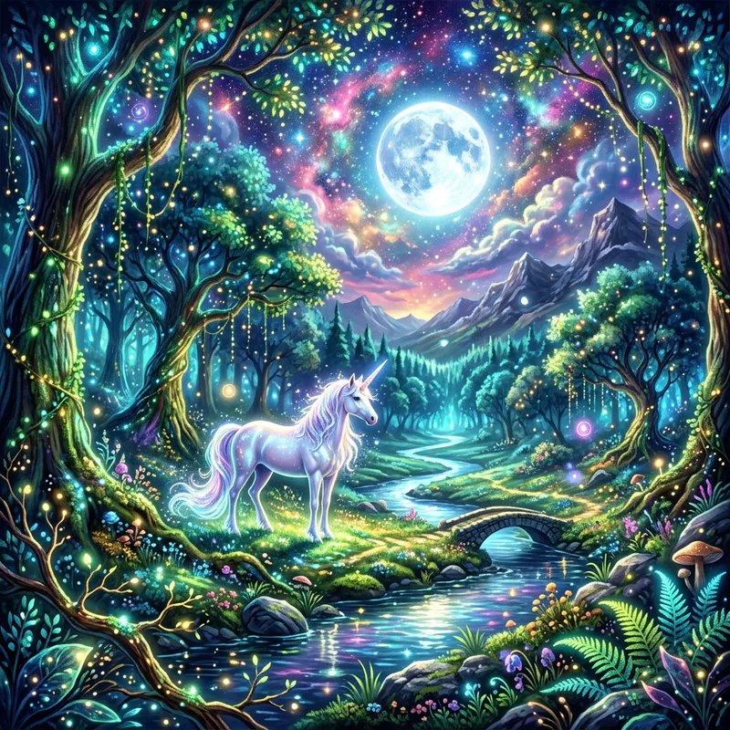 Mystical Forest: Enchanting Unicorn in Moonlit Majesty Mystical Forest: Enchanting Unicorn in Moonlit Majesty
