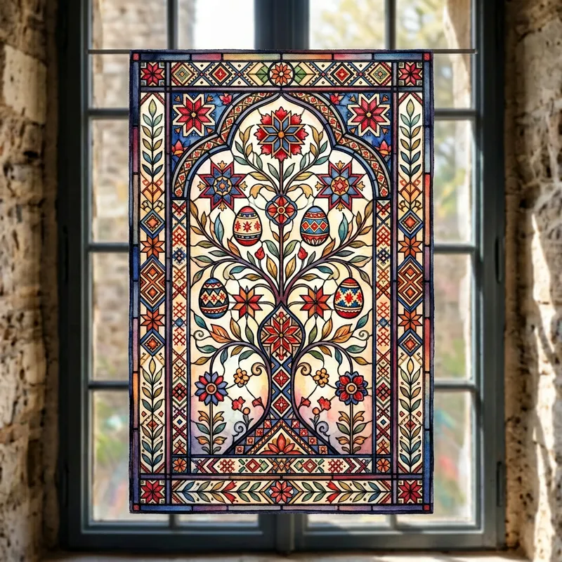 Easy Watercolor Darwins of Stained Glass with Ukrainian Ornament in Tiffany Style