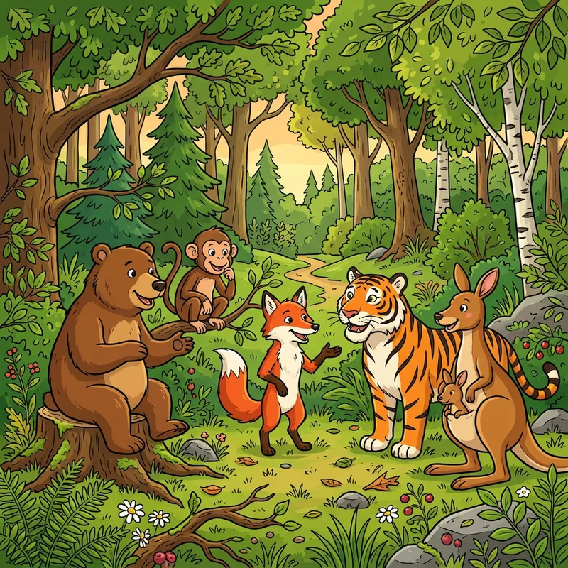 Wild Animals Conversing in Forest Scene