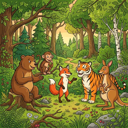 Forest Animals Chatting in Lush Wilderness Scene