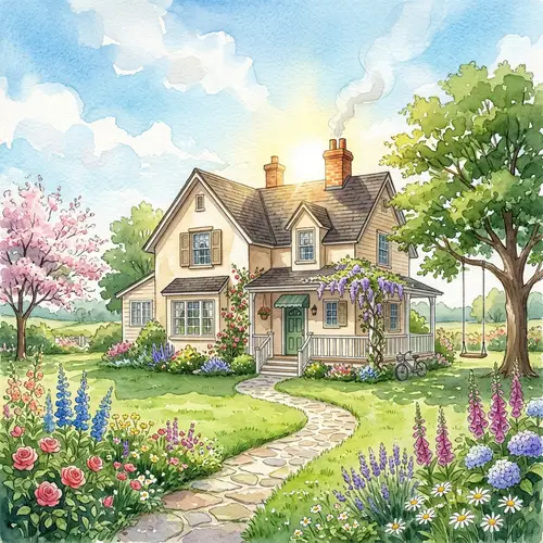 Watercolor Painting of a Charming Childhood Home