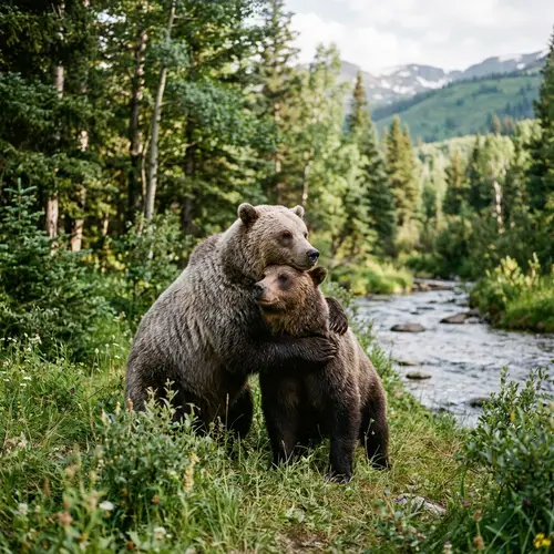 Picturesque Scene of a Male and Female Bear in Friendly Embrace