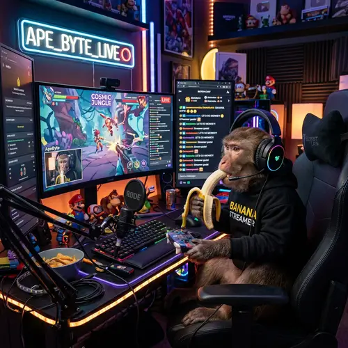 Monkey Streamer with High-Tech Setup Eating Banana & Gaming