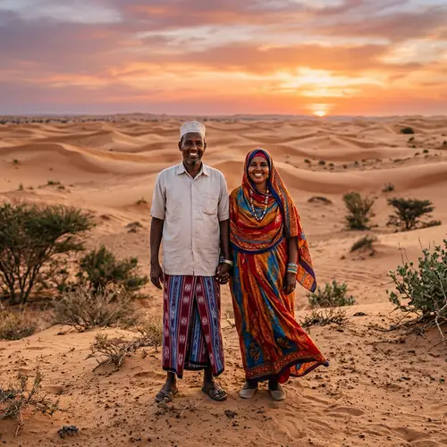 Somali Man and Woman in Traditional Attire Embracing the Desert