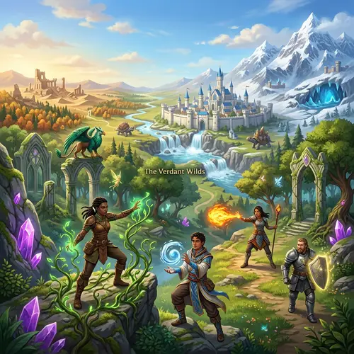 Epic Fantasy Game World with Diverse Characters & Magical Realms