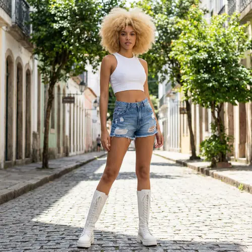 Blonde Afro Girl in Shorts & Lace-Up Boots