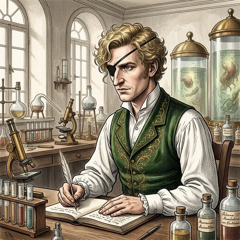 Blond Scientist with Patched Eye in Victorian Lab Setting