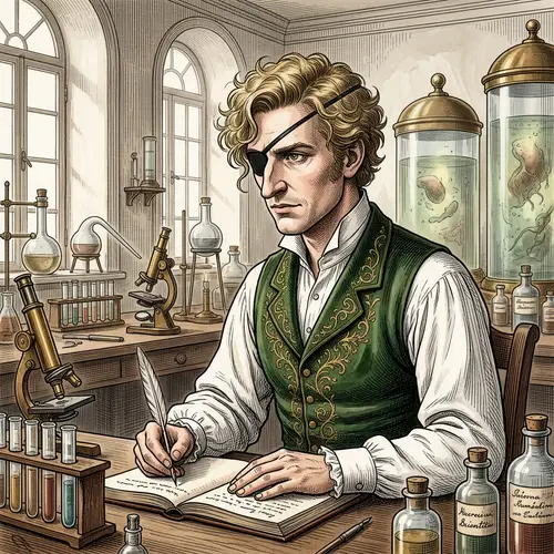 Curly-Haired Blond Man in 19th Century Scientific Laboratory