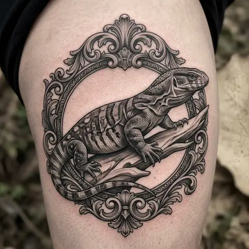 Elegant Savannah Monitor Lizard Tattoo Design | Grey Wash Technique