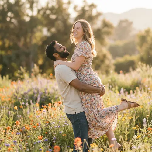Romantic Flower Field Scene: Love and Joy Captured in Vintage Film Style