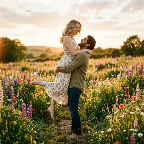Romantic Love in Vibrant Flower Field | Vintage Film Photography