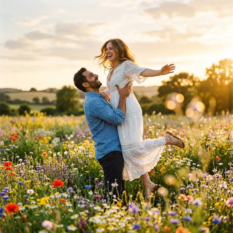 Middle-Eastern Man Lifts Caucasian Woman in Vibrant Flower Field | Love & Joy Capture