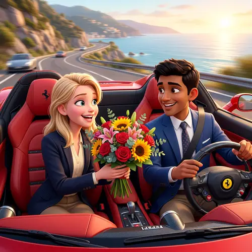 Youthful Teenager in Corporate Wear Presents Flowers in Ferrari