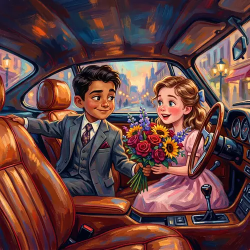 Young Gangster Boy Presents Bouquet in Ferrari: Animated Scene