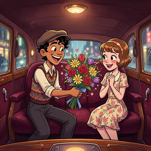 Luxurious Animated Scene: Teen Boy Presenting Flowers in Ferrari