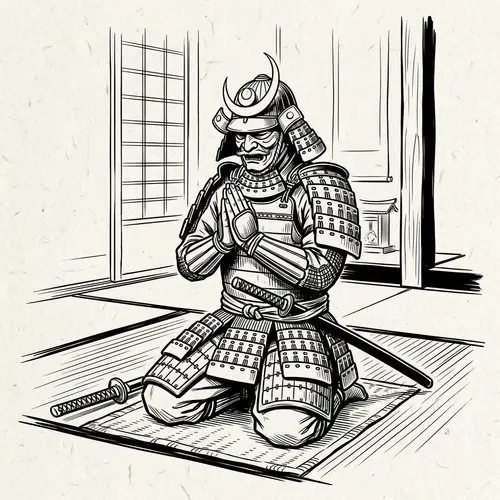 Samurai Line Drawing: Armoured Warrior Praying
