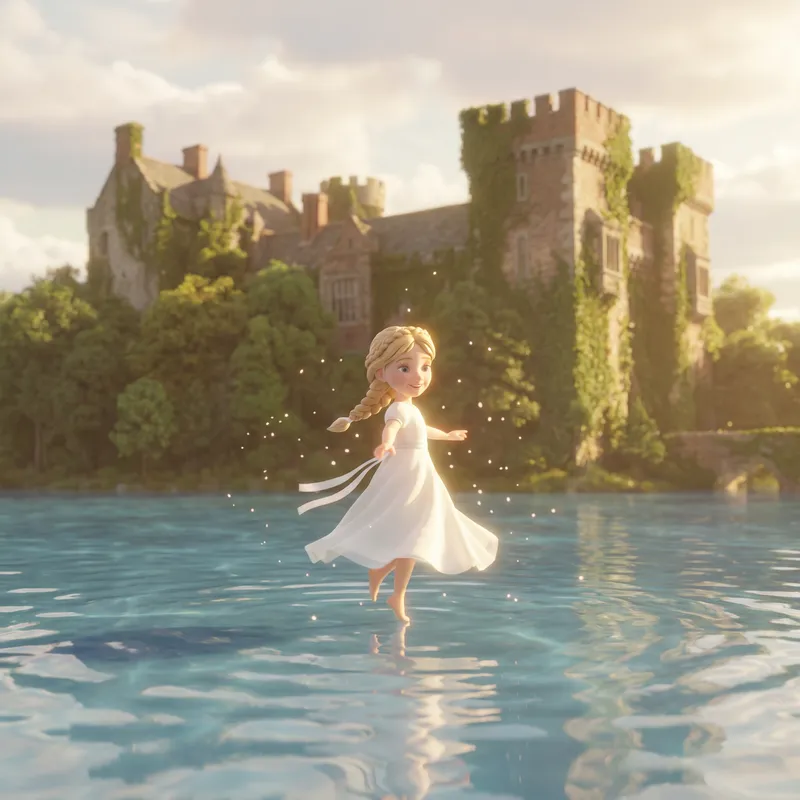 Blonde Girl Dancing on Water in Front of Majestic Castle - 3D Image