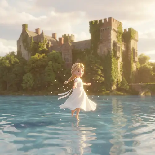 Blonde Girl Dancing on Water by Majestic Castle in 3D