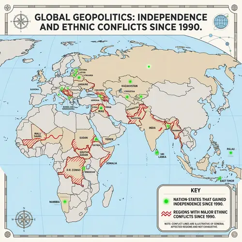 Detailed World Map Illustration: Independence and Ethnic Conflicts since 1990