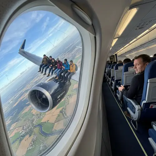 Tilted Aeroplane with People on Wing View