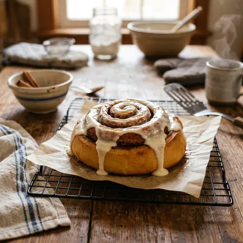 Freshly-Baked Golden Cinnamon Roll with Creamy Frosting