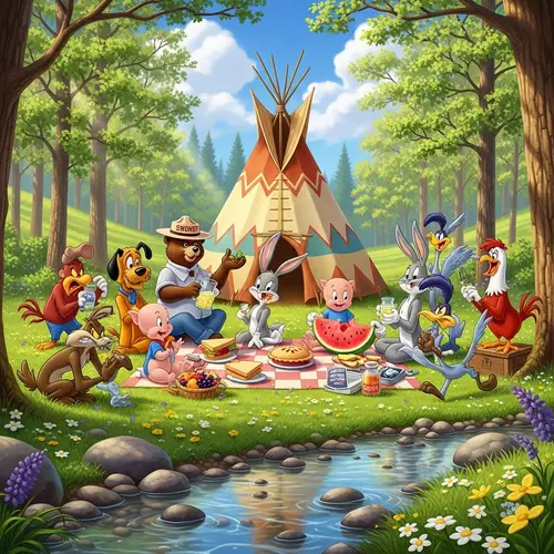Spring Picnic with Cartoon Icons in a Tipi