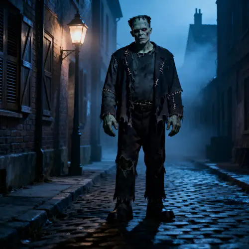 Frankenstein in an Old Town Alley at Dusk