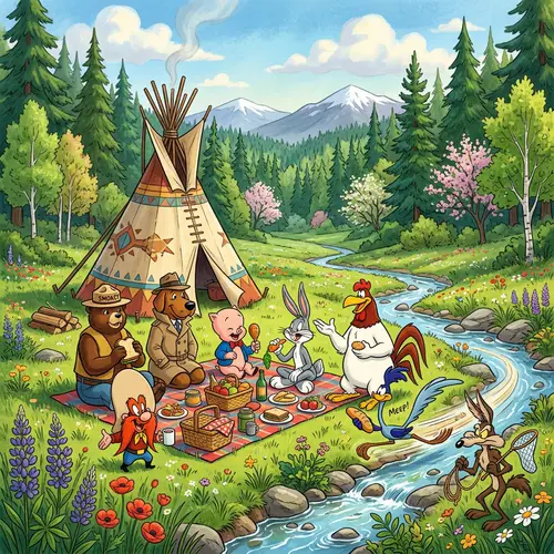 Spring Picnic with Cartoon Icons in a Tipi