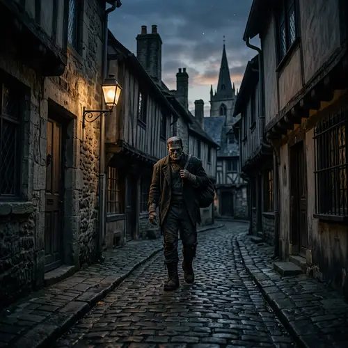 Frankenstein in an Old Town Alley at Dusk