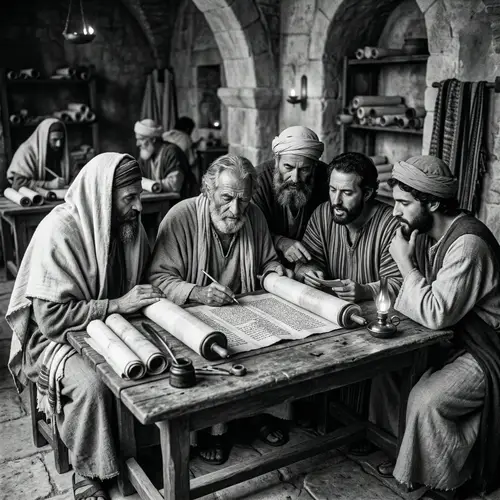 1st Century Scribes Examining Scrolls in Black & White