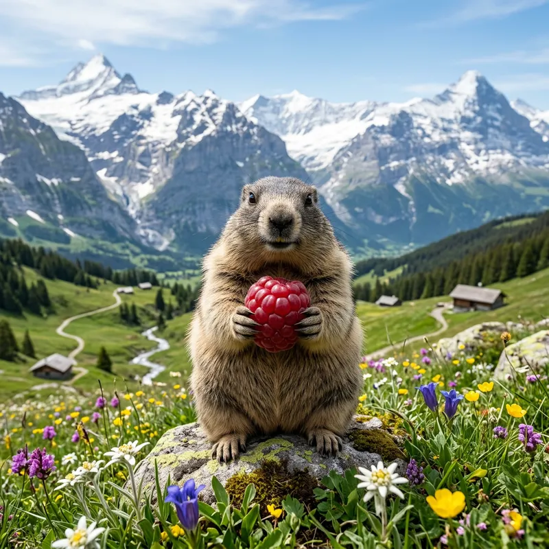 Funny Groundhog with Berry in Stunning Alpes