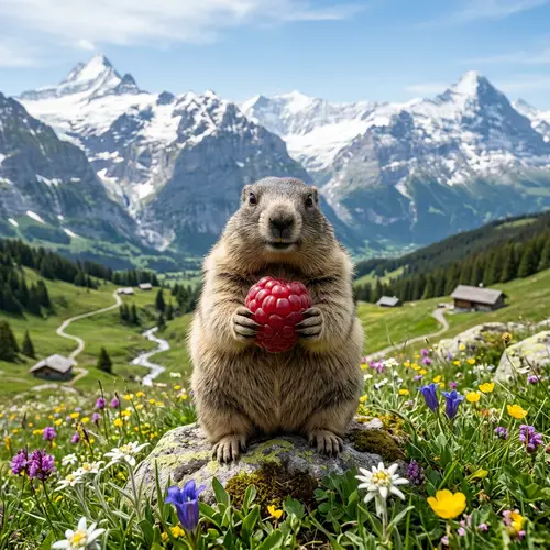 Funny Groundhog with Berry in Stunning Alpes