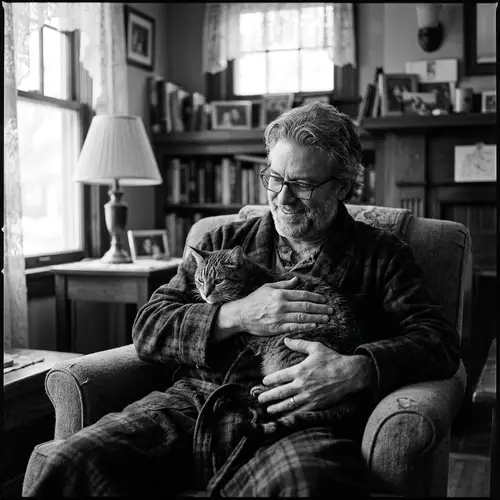 Vintage Black and White Portrait of Man with Cat