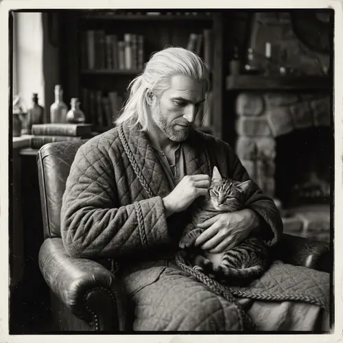 Vintage Fantasy Character Illustration with Cat in House Robe