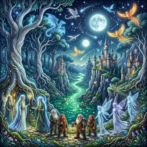 Enchanting Magical World Art | Silver Trees, Emerald River & Luminescent Creatures