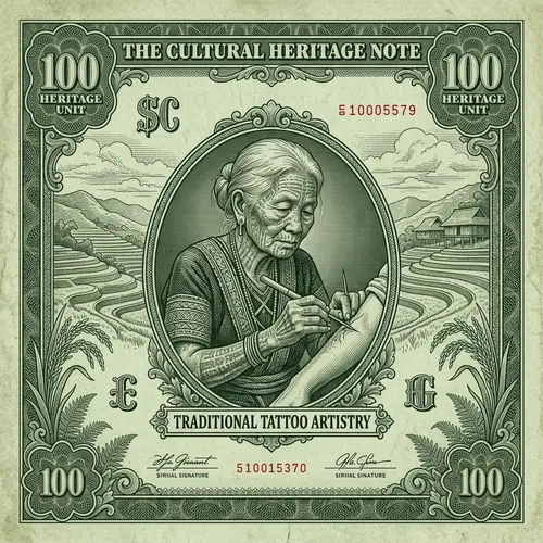 Elderly East Asian Tribal Woman Traditional Hand-Tapping Tattoo