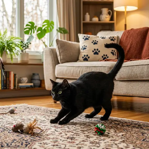 Sleek Black Domestic Cat Playing in Cozy Living Room
